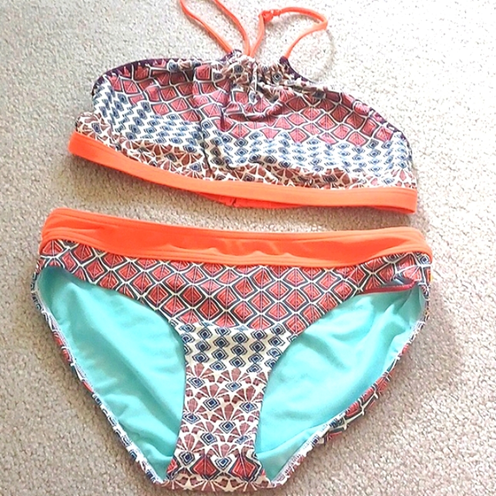 PrAna Bikini Two Piece Bathing Suit Halter Top Allnover Print Med & Small